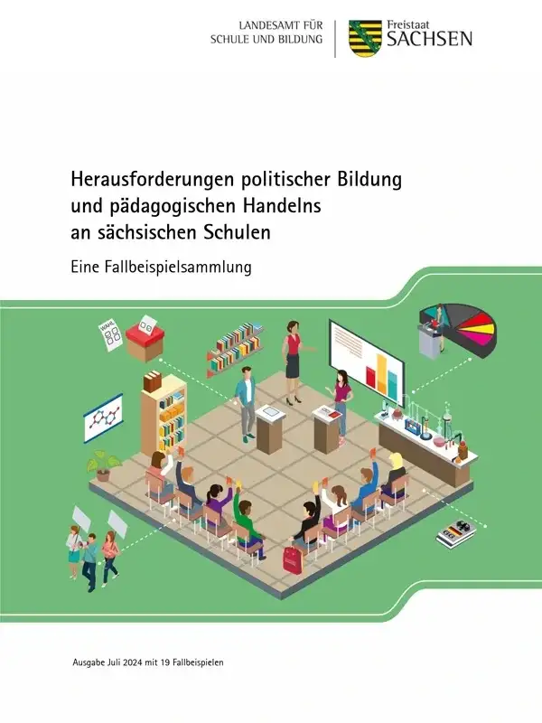 Cover der Fallbeispielsammlung mit dem Titel "Herausforderungen politischer Bildung und pädagogischen Handelns an sächsischen Schulen"