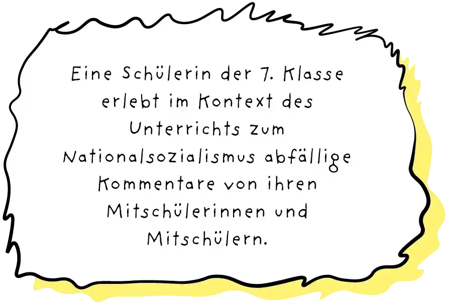 Sprechblase, in der steht: "Eine Schülerin der 7. Klasse erlebt im Kontext des Unterrichts zum Nationalsozialismus abfällige Kommentare von ihren Mitschülerinnen und Mitschülern."