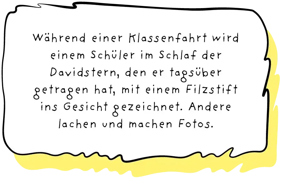Sprechblase, in der steht: "Während einer Klassenfahrt wird einem Schüler im Schlaf der Davidstern, den er tagsüber getragen hat, mit einem Filzstift ins Gesicht gezeichnet. Andere lachen und machen Fotos."